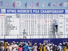 Women’s PGA Championship Sets New Record with $13 Million Purse Scoreboard for the KPMG Women's PGA Championship displaying players' names and scores, with a crowd in front.