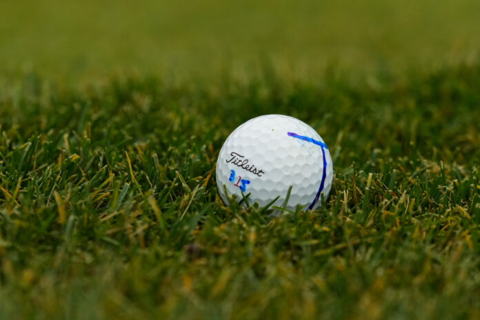 Close-up of a white Titleist golf ball resting on green grass on a golf course fairway.